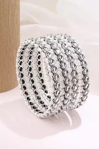 lovely oval shape white kundan stone silver plated set of 4 bangle set for women