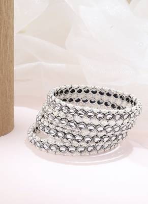 lovely oval shape white kundan stone silver plated set of 4 bangle set for women 4