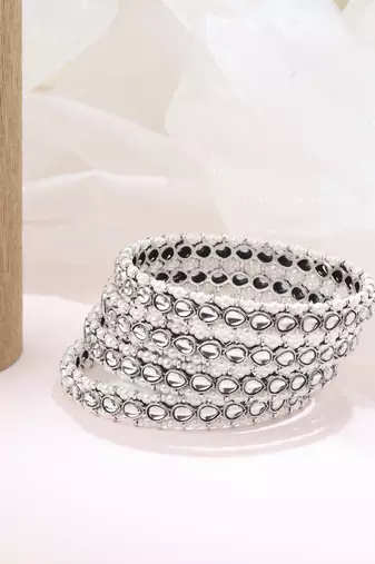 lovely oval shape white kundan stone silver plated set of 4 bangle set for women