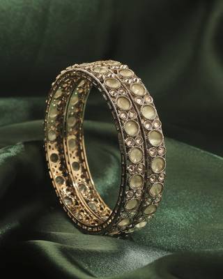smooth round shape antique gold plated light green uncut kundan stone set of 2 bangle set for women 2