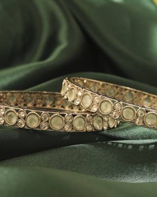 smooth round shape antique gold plated light green uncut kundan stone set of 2 bangle set for women 4