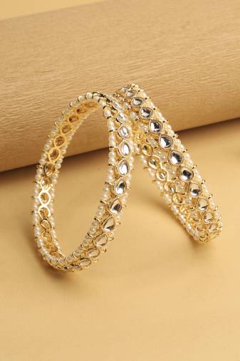 traditional oval shape pearl white kundan stone gold plated set of 2 bangle set for women