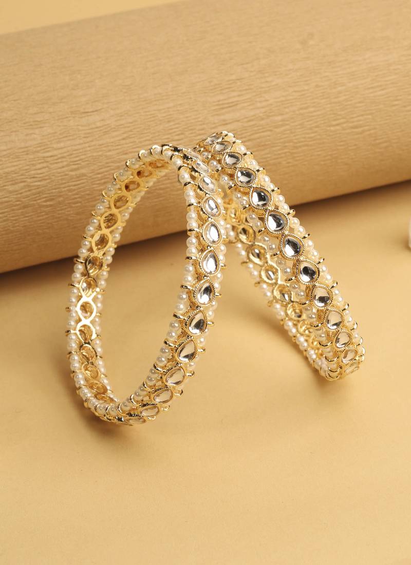 traditional oval shape pearl white kundan stone gold plated set of 2 bangle set for women