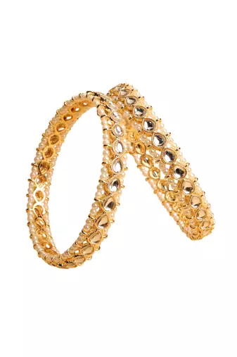 traditional oval shape pearl white kundan stone gold plated set of 2 bangle set for women