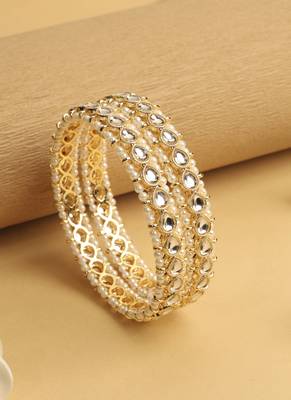 traditional oval shape pearl white kundan stone gold plated set of 2 bangle set for women 3