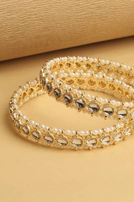 traditional oval shape pearl white kundan stone gold plated set of 2 bangle set for women 4