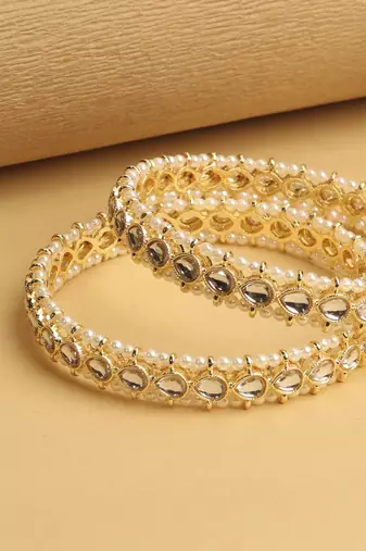 traditional oval shape pearl white kundan stone gold plated set of 2 bangle set for women