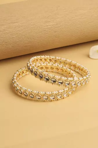 traditional oval shape pearl white kundan stone gold plated set of 2 bangle set for women