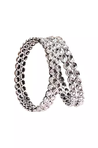 modern round shape white kundan stone silver plated set of 4 bangle set for women