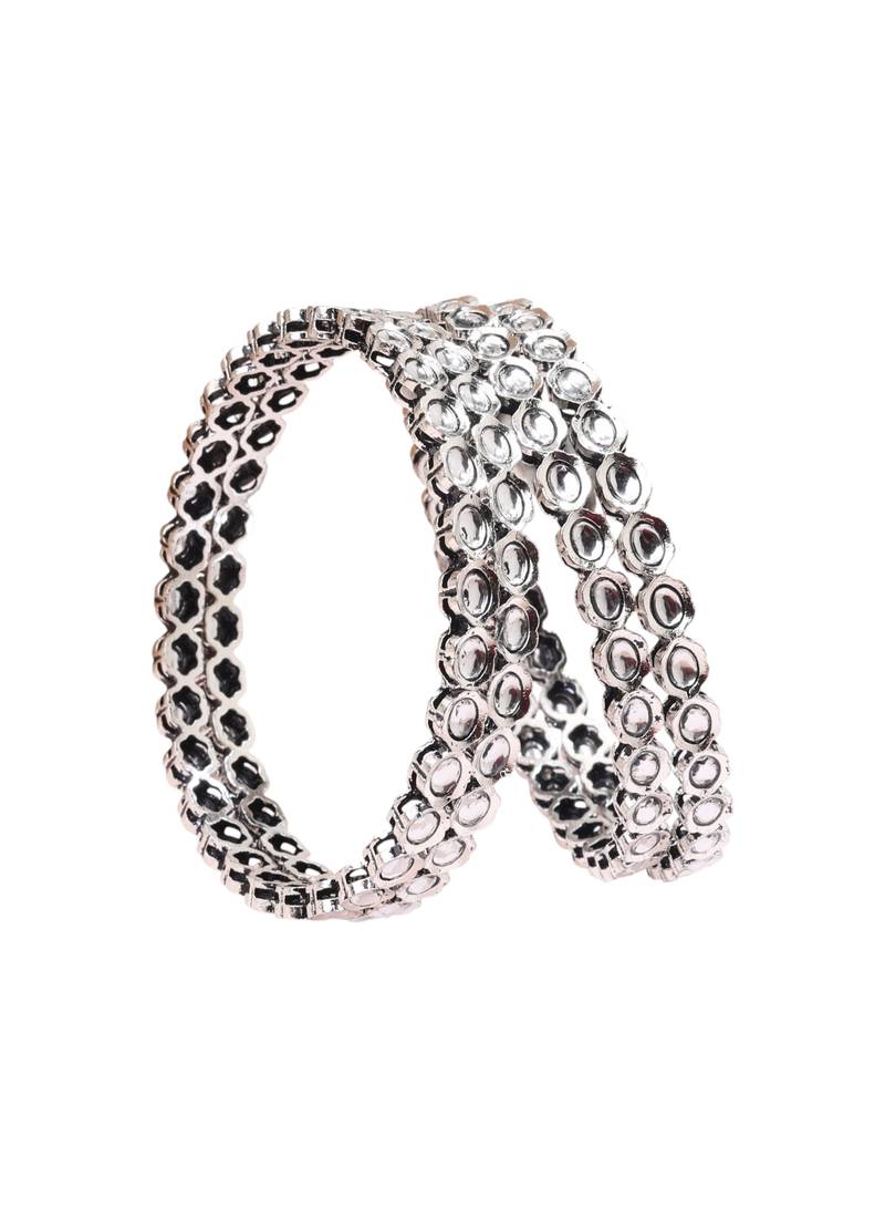 modern round shape white kundan stone silver plated set of 4 bangle set for women