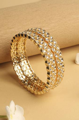 traditional oval shape white kundan stone gold plated set of 2 bangle set for women