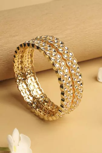 traditional oval shape white kundan stone gold plated set of 2 bangle set for women
