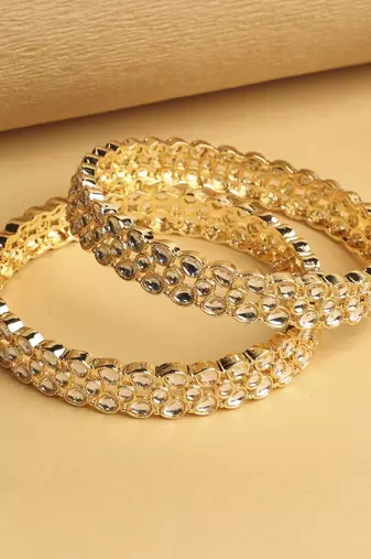 traditional oval shape white kundan stone gold plated set of 2 bangle set for women