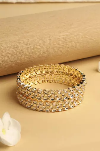 traditional oval shape white kundan stone gold plated set of 2 bangle set for women