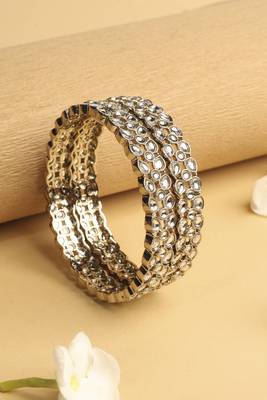 trendy oval shape white kundan stone antique gold plated set of 2 bangle set for women 1
