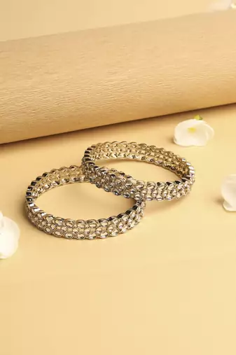 trendy oval shape white kundan stone antique gold plated set of 2 bangle set for women