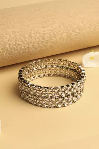 trendy oval shape white kundan stone antique gold plated set of 2 bangle set for women