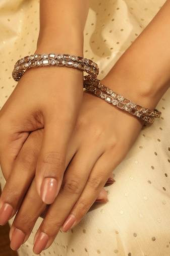 modish sqaure and round brown kundan stone antique gold plated set of 4 bangle set for women