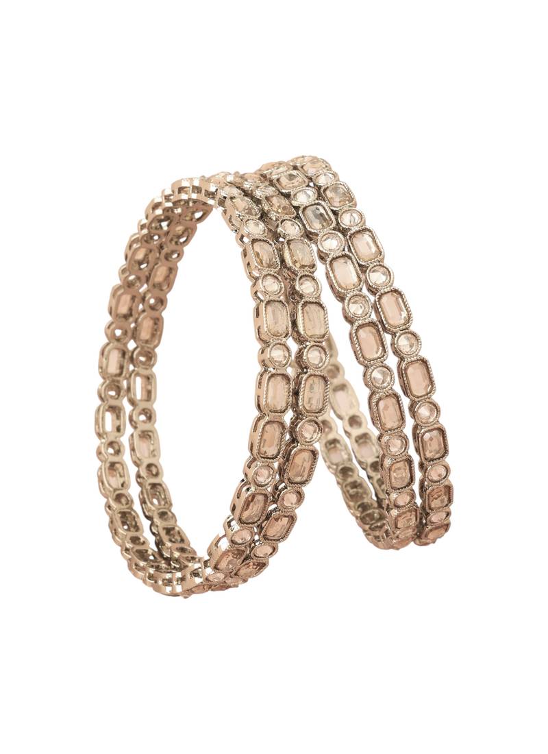 modish sqaure and round brown kundan stone antique gold plated set of 4 bangle set for women