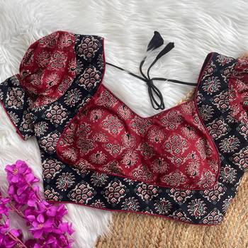 Maroon  ajrakh cotton halter neck printed readymade saree blouse | padded back open party wear 1