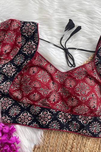 Maroon  ajrakh cotton halter neck printed readymade saree blouse | padded back open party wear