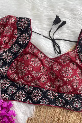 Maroon  ajrakh cotton halter neck printed readymade saree blouse | padded back open party wear