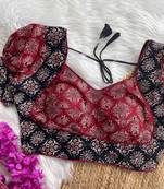 Maroon  ajrakh cotton halter neck printed readymade saree blouse | padded back open party wear