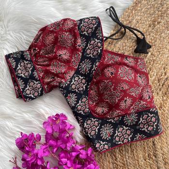 Maroon  ajrakh cotton halter neck printed readymade saree blouse | padded back open party wear 2