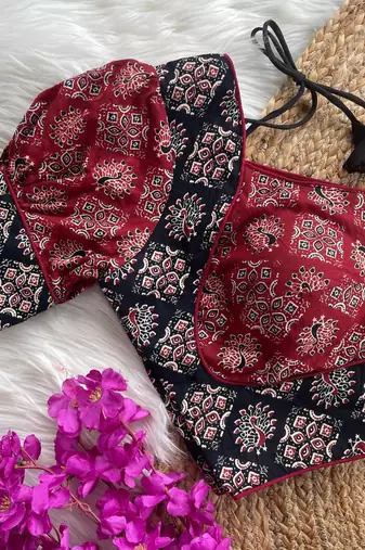Maroon  ajrakh cotton halter neck printed readymade saree blouse | padded back open party wear