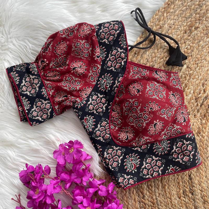 Maroon  ajrakh cotton halter neck printed readymade saree blouse | padded back open party wear
