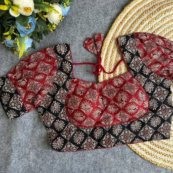 Maroon black  ajrakh cotton printed readymade saree blouse | designer puff sleeve back open party wear 1