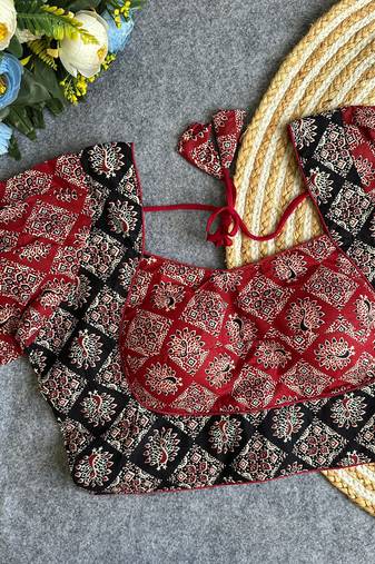 Maroon black  ajrakh cotton printed readymade saree blouse | designer puff sleeve back open party wear