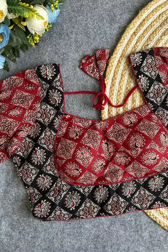 Maroon black  ajrakh cotton printed readymade saree blouse | designer puff sleeve back open party wear