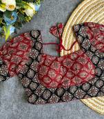 Maroon black  ajrakh cotton printed readymade saree blouse | designer puff sleeve back open party wear