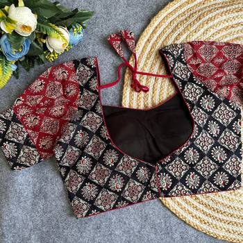 Maroon black  ajrakh cotton printed readymade saree blouse | designer puff sleeve back open party wear 2