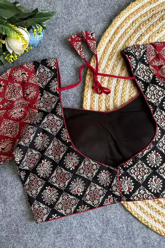 Maroon black  ajrakh cotton printed readymade saree blouse | designer puff sleeve back open party wear
