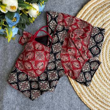 Maroon black  ajrakh cotton printed readymade saree blouse | designer puff sleeve back open party wear 3