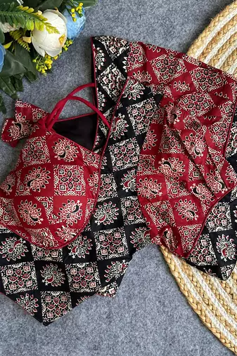 Maroon black  ajrakh cotton printed readymade saree blouse | designer puff sleeve back open party wear