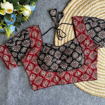 Maroon black  ajrakh cotton printed readymade saree blouse | puff sleeve back open ethnic party wear 1