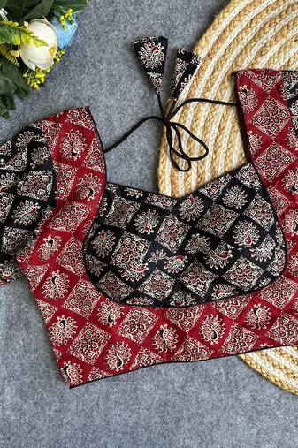 Maroon black  ajrakh cotton printed readymade saree blouse | puff sleeve back open ethnic party wear