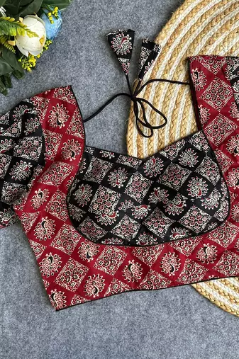 Maroon black  ajrakh cotton printed readymade saree blouse | puff sleeve back open ethnic party wear