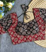 Maroon black  ajrakh cotton printed readymade saree blouse | puff sleeve back open ethnic party wear
