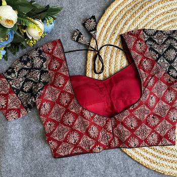 Maroon black  ajrakh cotton printed readymade saree blouse | puff sleeve back open ethnic party wear 2