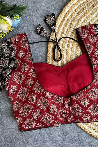 Maroon black  ajrakh cotton printed readymade saree blouse | puff sleeve back open ethnic party wear