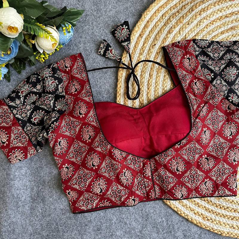 Maroon black  ajrakh cotton printed readymade saree blouse | puff sleeve back open ethnic party wear