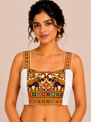 White heavy kutchi embroidery magic cotton navratri readymade blouse with elephant mirror work 1