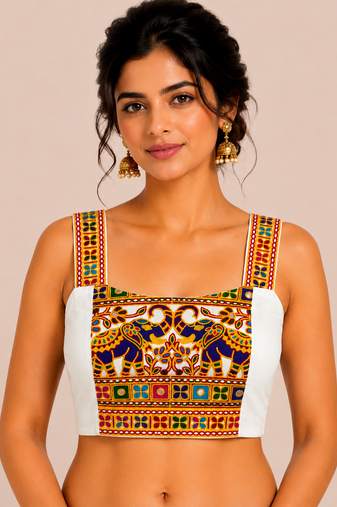 White heavy kutchi embroidery magic cotton navratri readymade blouse with elephant mirror work