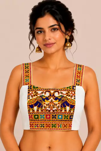 White heavy kutchi embroidery magic cotton navratri readymade blouse with elephant mirror work