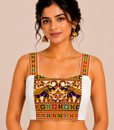 White heavy kutchi embroidery magic cotton navratri readymade blouse with elephant mirror work