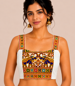 White heavy kutchi embroidery magic cotton navratri readymade blouse with elephant mirror work